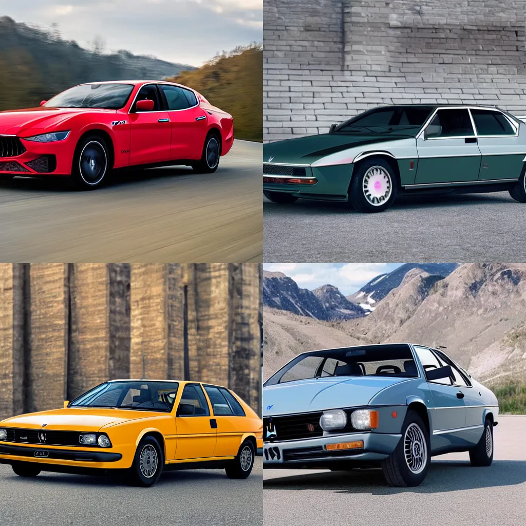 Prompt: Maserati Biturbo if it were manufactured in the 2022 production year, 2022 Maserati Biturbo, wide angle exterior 2022