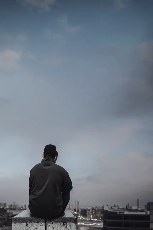 Image similar to Photo of a man sitting on the car roof in the heavy in front of the city that sank, hyper realistic, outdoor lighting, dynamic lighting, volumetric, wide angle, anamorphic lens, go pro, 4k