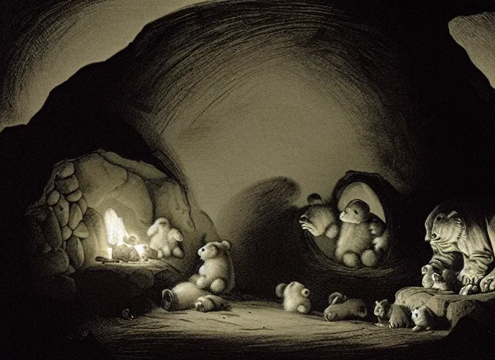 Image similar to Pieter Claesz's 'bear and her cubs sleeping in a dark cave lit by campfire', night time, cross hatching, framed