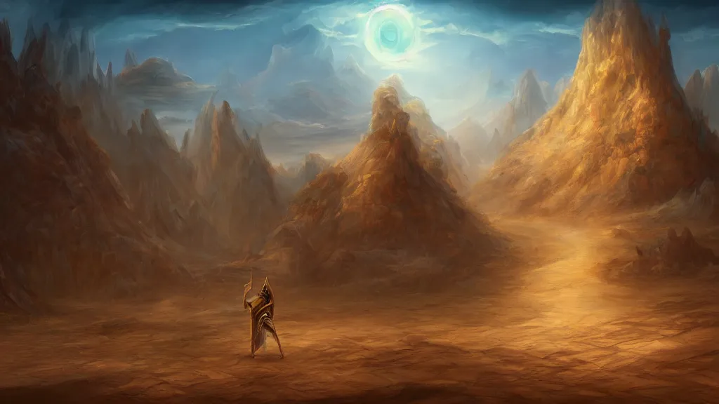 Prompt: landscape, a mage pharaoh is wandering the desert. fantasy, digital painting, hd, highly detailed.