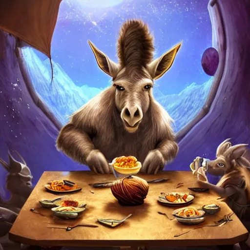 Image similar to ultrarealistic, ultradetailed, donkey eating breakfast, sitting on a futuristic table with aliens, at the end of the universe, very very very ultradetailed, epic fantasy style art, fantasy epic digital art, epic fantasy art, hearthstone style art