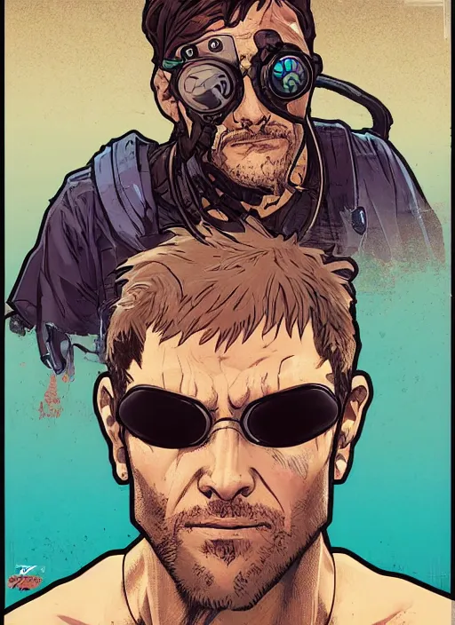 Image similar to cyberpunk beach bum. portrait by ashley wood and alphonse mucha and laurie greasley and josan gonzalez and james gurney. splinter cell, apex legends, rb 6 s, hl 2, d & d, cyberpunk 2 0 7 7. realistic face. character clothing. vivid color. dystopian setting.