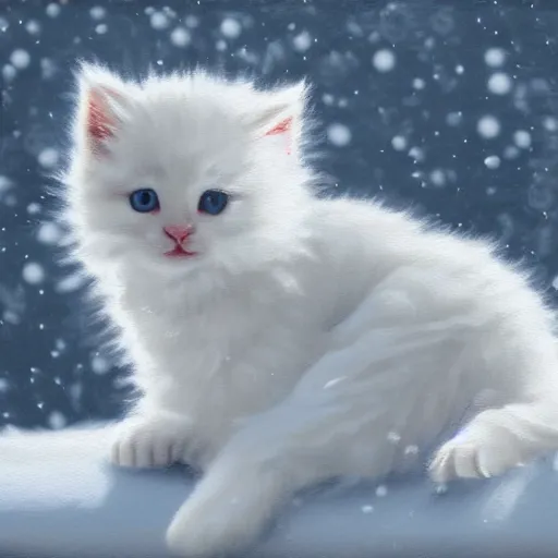 Prompt: cute fluffy white kitten sitting in snowy winter landscape detailed painting 4 k