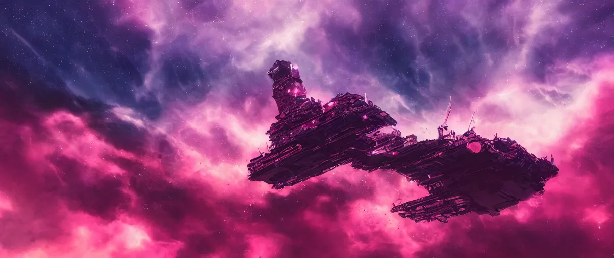 Image similar to space, hyperdetailed illustration, portrait big dark dog, neon ship, mohawk, stars, pink, neon, oil painting, rich deep colors masterpiece, pirate neon ship, ultra detailed, contrast, heaven pink, clouds, volumetric light, atmospheric lighting, dramatic, cinematic, moody, octane render 4 k, 8 k