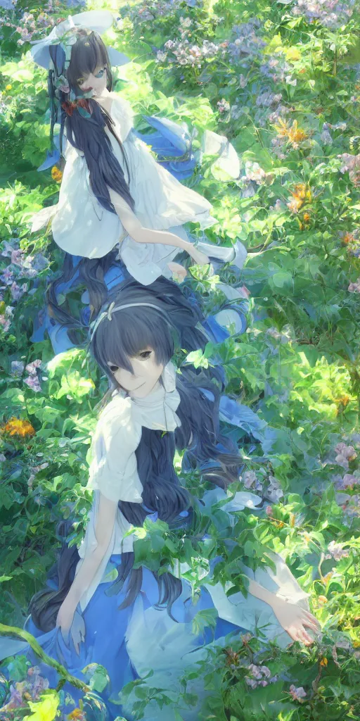 Prompt: a digital art full of atmosphere of a loli with long hair in a dress in the privet garden at after noon, green and warm theme, blue accents, back lighting, highly detailed, 4 k resolution, trending on art station, by krenz cushart and mucha and akihito yoshida and greg rutkowski and makoto shinkai
