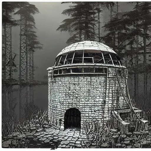 Prompt: pillbox paragonpunk fortress half-sunk in a noxious Swamp, by Colleen Doran and by Angus McBride and by Ted Nasmith, low angle dimetric composition, centered, 3-point perspective