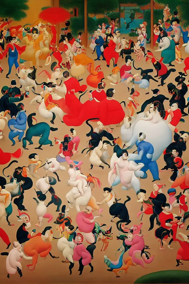Image similar to painting animal puppet groove is in the heart, we're going to dance and have some fun, painted by james jean and fernando botero in chinese style