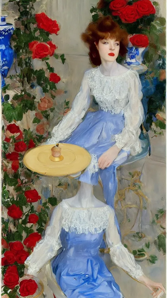 Prompt: clear face of young julee cruise in detailed golden sleeve balloon lace dress beside a pot of red roses set near a persian blue detailed pot by john singer sargent