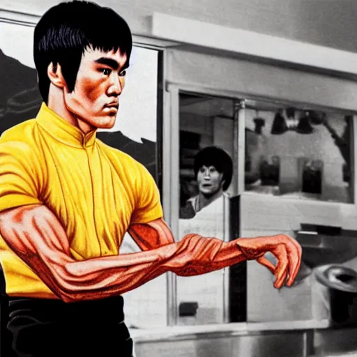 Prompt: 8 k realistic portrait photograph of bruce lee standing inside of a detailed and busy wafflehouse