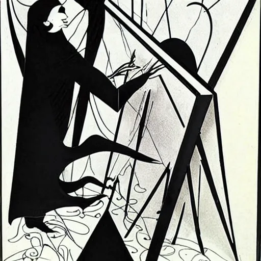 Prompt: the somnambulist from the cabinet of dr. caligari playing a large moog!!! modular synthesizer, style of aubrey beardsley