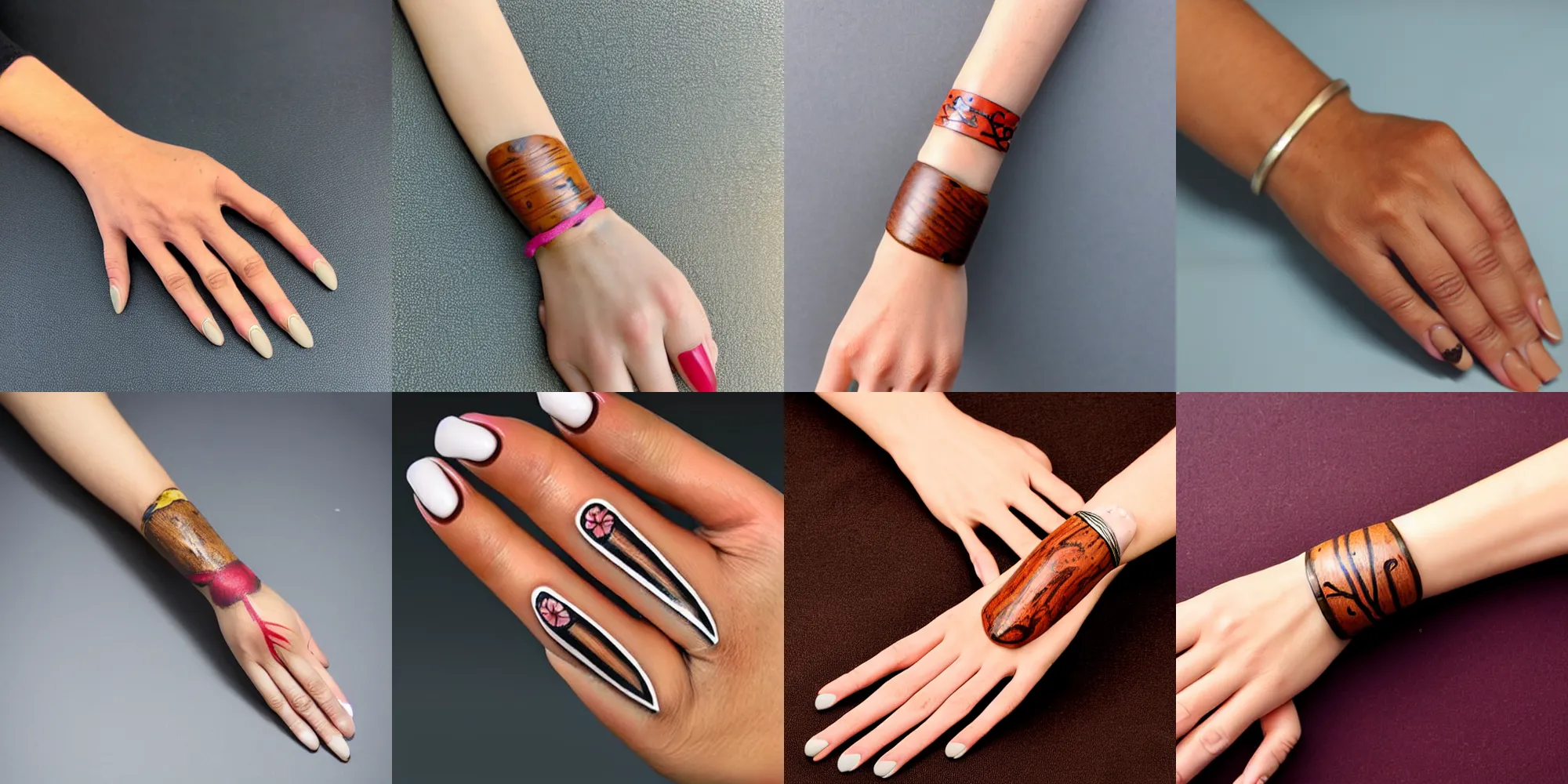 Prompt: skinny wrist female hand with nail art holding a bulbous jarrah wood handle