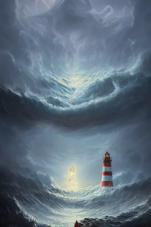 Prompt: epic scene of cthulhu rising from the stormy ocean near a dramatic coastline with lighthouse by peter mohrbacher, masterpiece, artstation, digital painting