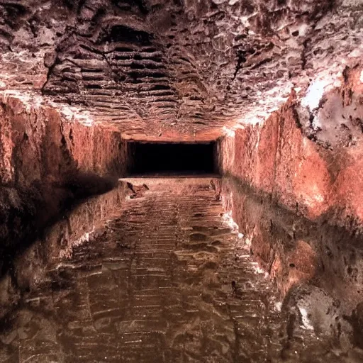 Image similar to underground copper mine, flooded, dirty water, rusty pipes