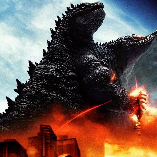 Prompt: godzilla flying through space with one arm held straight above his head, body is horizontal, hyperrealistic