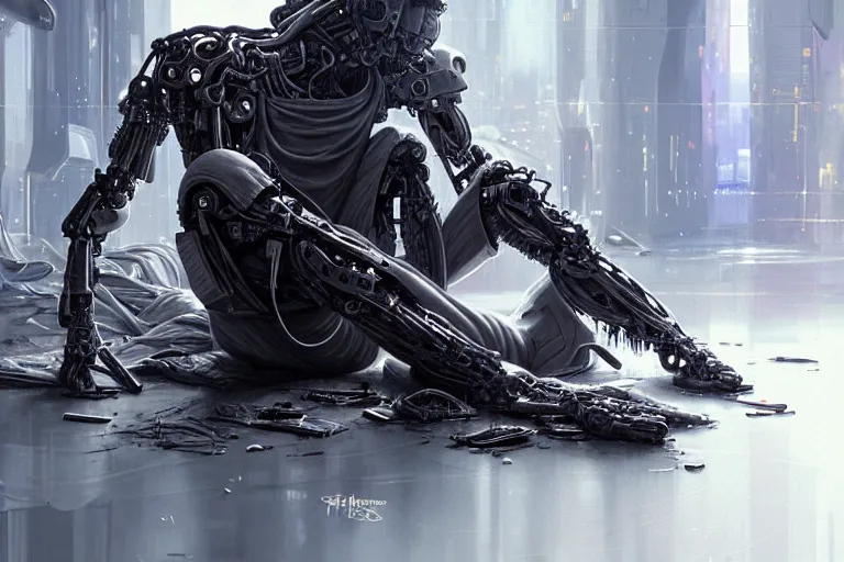 Image similar to Ultra realistic illustration, beautiful alluring damaged combat cyborg sitting on the floor of a smoldering crashed spaceship while being put back together in an super advanced military medical bay, cyberpunk, sci-fi, fantasy, intricate, elegant, highly detailed, digital painting, artstation, concept art, smooth, sharp focus, 8k, illustration, art by artgerm and greg rutkowski and alphonse mucha