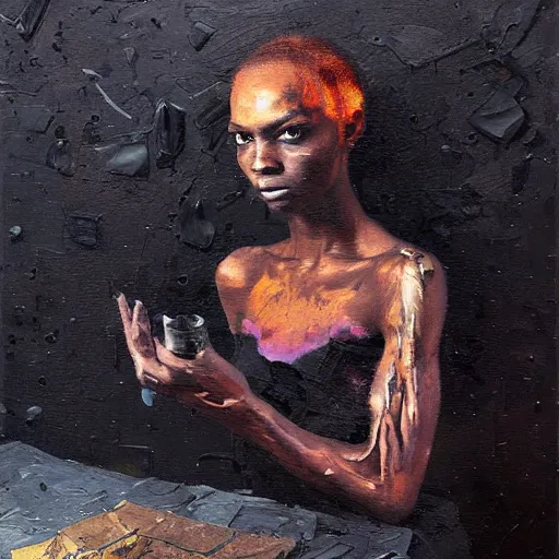 Image similar to palette knife oil painting portrait of a black nightmare in a room, extreme detail, liminal aesthetic, artgerm, deviant art, octane, substance, art history 8 k, by balthus