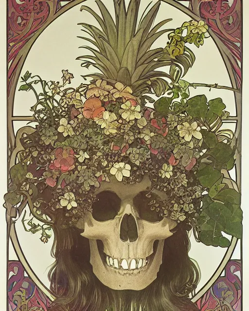 Image similar to Poster of an ancient silve skull with pineapple leaves growing out of the top art surrounded by varities of vines and flowers, cell shading, by Alphonse Mucha, Moebius, hiroshi yoshida, Art Nouveau, colorful, ultradetailed, vivid colour, 3d