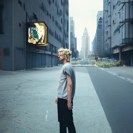 Image similar to kodak portra 4 0 0 photograph of a skinny blonde guy standing in empty dystopian city, back view, flower crown, moody lighting, telephoto, 9 0 s vibe, blurry background, vaporwave colors, faded!,