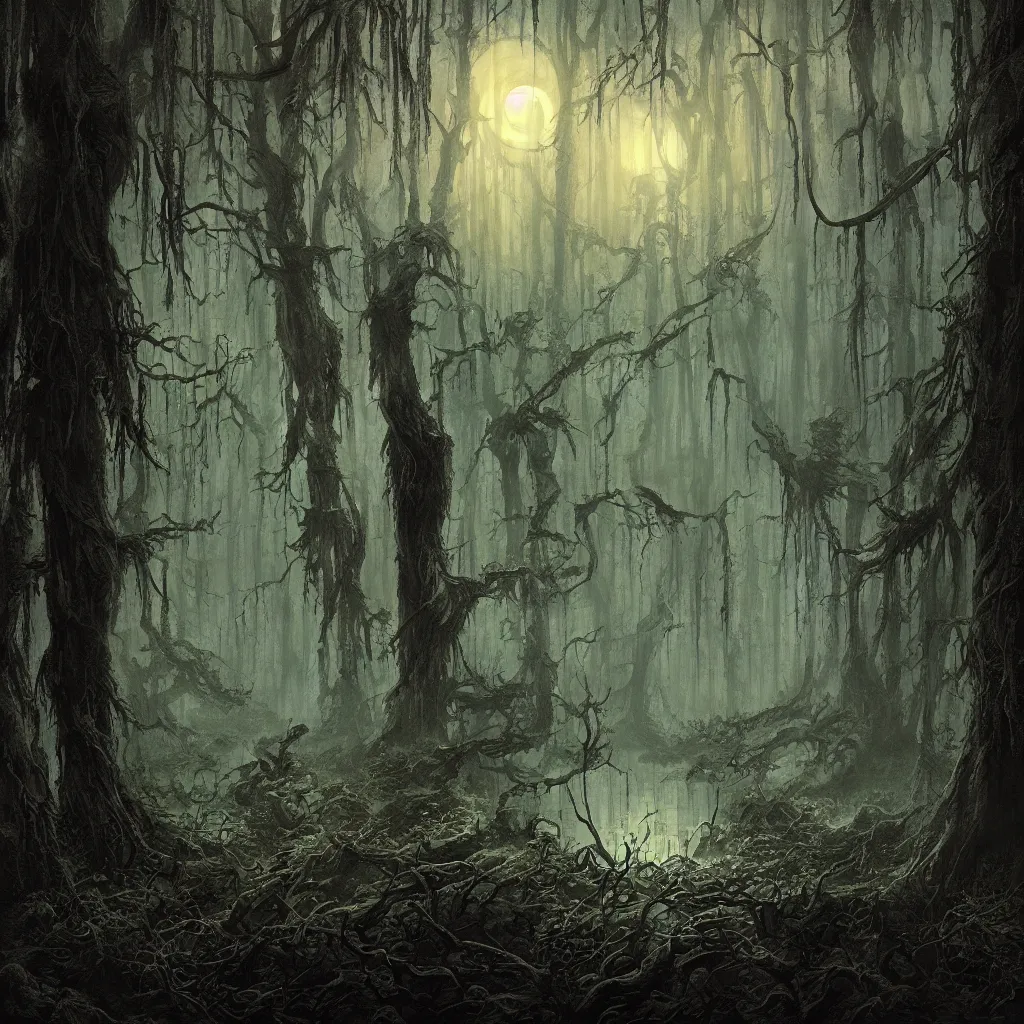 Image similar to a dark lush haunted swamp forest at night, upward cinematic angle, swamp horror, by Michael Kaluta, P. Craig Russell and Andreas Rocha, eerie moonlight, beautiful composition, intricate, elegant, digital art, detailed, mixed media painting, hyperrealistic, sharp focus, 8k