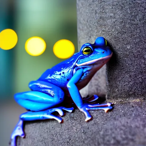 Prompt: 3 5 mm photo of a cute blue frog portrait, with doble exposure of a futuristic cyberpunk city, neon, ultra realistic, detailed, bokeh, 4 k.