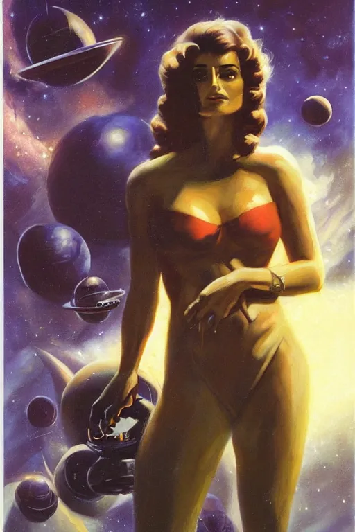 Prompt: oil painting portrait of Penelope Cruz as a scifi explorer standing on a new planet, atmospheric, vintage pulp novel style scifi art by Boris Vallejo, Julie Bell, Frank Frazetta, Greg Rutkowski, Robert McGinnis, and Gil Elvgren,