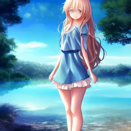 Image similar to a very beautiful anime cute girl, full body, long wavy blond hair, sky blue eyes, full round face, short smile, fancy top, miniskirt, summer lake setting, medium shot, mid-shot, highly detailed, cinematic wallpaper by Stanley Artgerm Lau