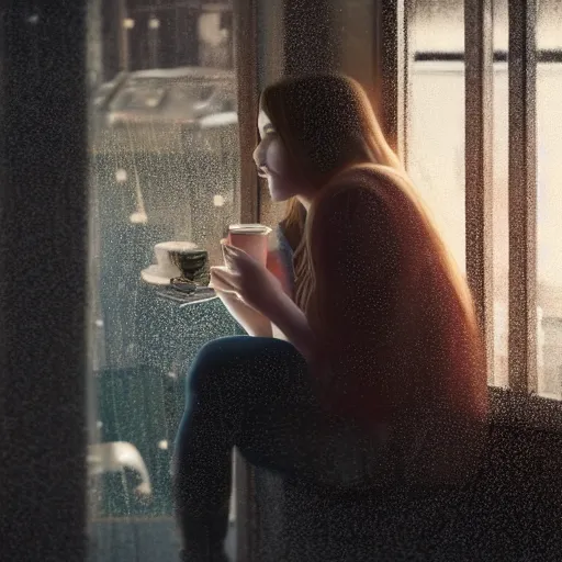 Image similar to A young woman sitting inside a cafe looking out of a window while it's raining outside, nighttime, cyberpunk, ultra realistic, concept art, intricate details, eerie, highly detailed, photorealistic, octane render, 8k, unreal engine, art by Bjorn Hurri