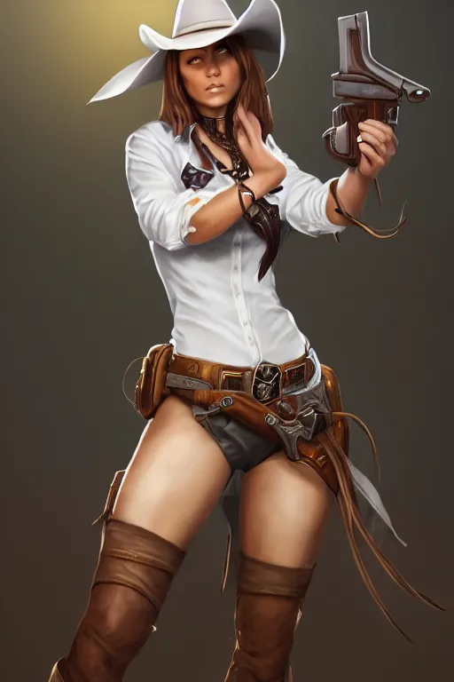 Image similar to full body, female cowgirl, perfect face, white blouse, empty gun holster, 8 k, magic the gathering, desert, d & d, artstation, high detail, smooth, muscular