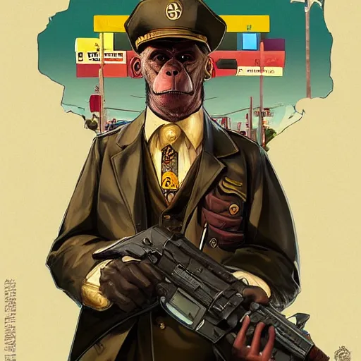 Image similar to [Monkey as president of Banana as GTA character, propaganda!, closeup, D&D, intricate, elegant, highly detailed, digital painting, artstation, concept art, matte, sharp focus, illustration, art by Artgerm and Greg Rutkowski and Alphonse Mucha and Enki Bilal]