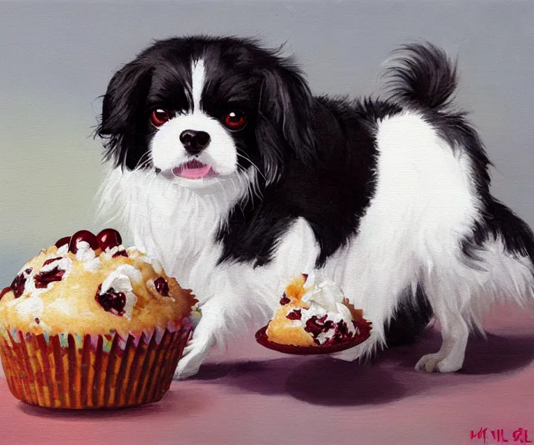 Image similar to white and black japanese chin dog eating cherry muffins, oil painting