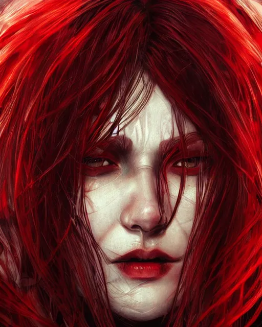 Image similar to brutal close up portrait intense translucent skin vampire, flowing hair, highly detailed, very intricate, graphical errors, going gpu, chromatic aberration, harsh lighting, unreal engine 5, illustration by mandy jurgens and alphonse mucha and yoji shinkawa, black and red only!!!, featured on artstation