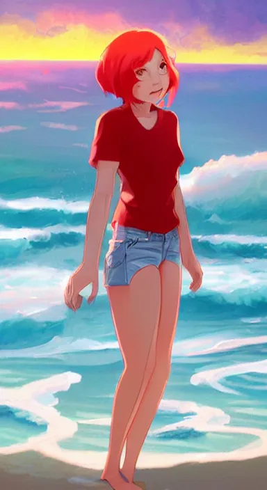 Image similar to lois van baarle, artgerm, helen huang, by makoto shinkai and ilya kuvshino, rossdraws, illustration, art by ilya kuyshuno. cute scarlet red haired cyborg woman, steel gray body, denim shorts, at beach at sunset, beautiful face, smile, elegant, exaggerated proportions, looking at me