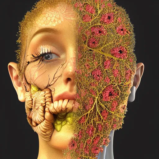 Image similar to face portrait of a beautiful woman, 150 mm, anatomical, flesh, flowers, mandelbrot fractal, veins, arteries, symmetric, intricate, golden ratio, full frame, microscopic, elegant, highly detailed, ornate, ornament, elegant , luxury, beautifully lit, ray trace, octane render in the style of peter Gric , alex grey and Romero Ressendi