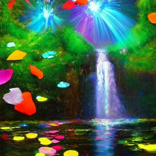 Prompt: waterfall with water full of broken mirror pieces and tiny colorful flower petals, bright saturated colors, scintillating lens flares and colorful sparks, trending on ArtStation, beautiful!!! stunning!!! waterfall, impressionistic oil on canvas