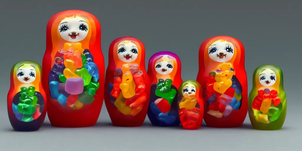 Prompt: gummy bear matryoshka doll each size a different colour, hyper real, maxwell render