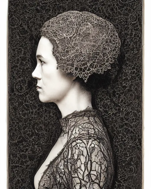 Prompt: a woman's face in profile, made of intricate lace leaf skeleton, in the style of the dutch masters and gregory crewdson, dark and moody