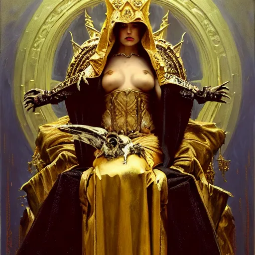 Image similar to full body portrait of hooded queen in gold gothic robes sitting on a throne of bones, elegant, highly detailed painting by gaston bussiere, craig mullins, j. c. leyendecker, 8 k, mid shot