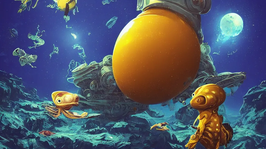 Image similar to An astronaut is under the sea, he has a big bright yellow egg, he is swimming away from the giant leviathan that is behind hunting him, the leavithan has bright red eyes, this is an extravagant planet with wacky wildlife and some mythical animals, the background is full of ancient ruins, the ambient is dark with a terrifying atmosphere, by Jordan Grimmer digital art, trending on Artstation,