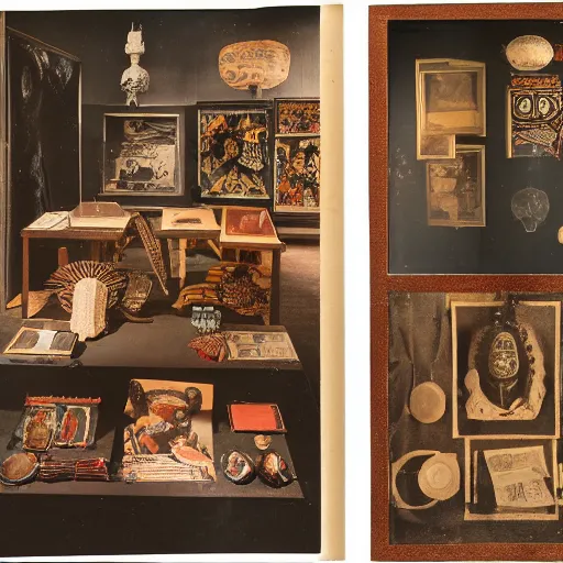 Prompt: A three color offset photography of a collection of objects on display, anthropology of wonder, exotic artifacts, colonial expedition, catalog exhibition, 60s