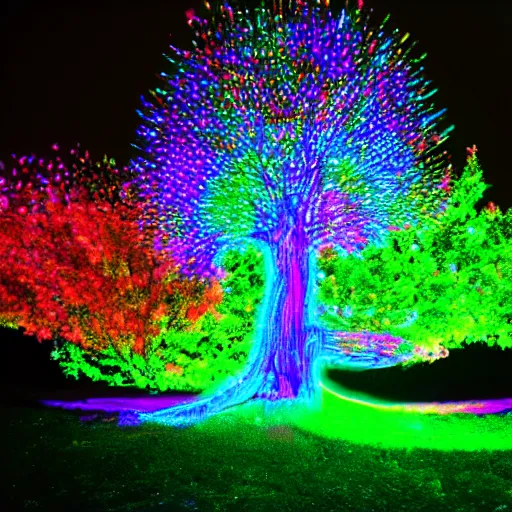 Image similar to hyper - realistic psychedelic tree with neons and lasers