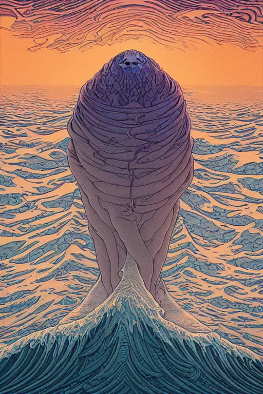 Prompt: a sea witch calling forth a giant wave by dan mumford and john harris and jean delville and victo ngai and josan gonzalez, highly detailed, photorealism, hyperrealistic, art deco, art nouveau
