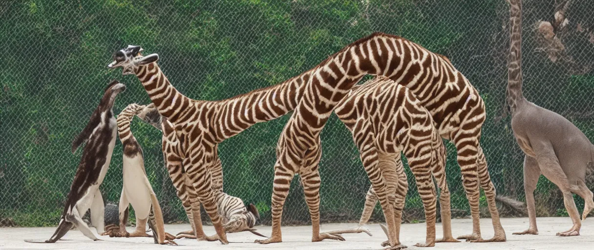 Image similar to a giraffe-monkey-penguin-lizard-hedgehog-spider-tiger-orca attacking a person in a public playground