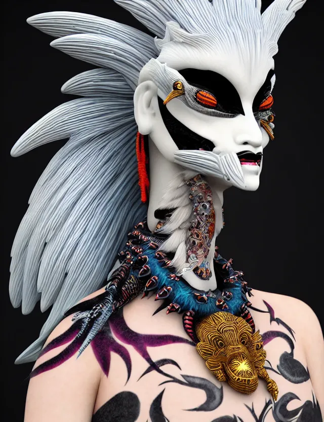 Image similar to 3 d goddess close - up profile simple portrait punk with mohawk with ram skull. beautiful intricately detailed japanese crow kitsune mask and clasical japanese kimono. betta fish, jellyfish phoenix, bio luminescent, plasma, ice, water, wind, creature, artwork by tooth wu and wlop and beeple and greg rutkowski