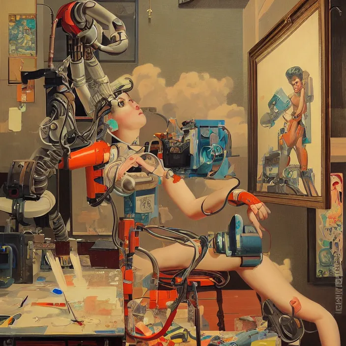 Prompt: robot artist painting a self - portrait on a canvas. intricate, highly detailed, digital matte painting, in the style of sachin teng, and in the style of hans thoma, and in the style of gil elvgren. irony, recursion, inspiration.