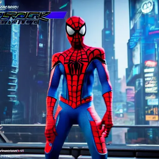 Image similar to futuristic spiderman ps 4 suit in cyberpunk 2 0 7 7, cyberpunk style spiderman, fantasy, d & d, elegant