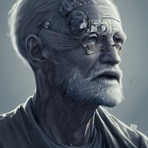 Image similar to Ultrarealistic illustration old man cyborg, cyberpunk, sci-fi fantasy,intricate,elegant,highly detailed, digital painting, artstation, concept art