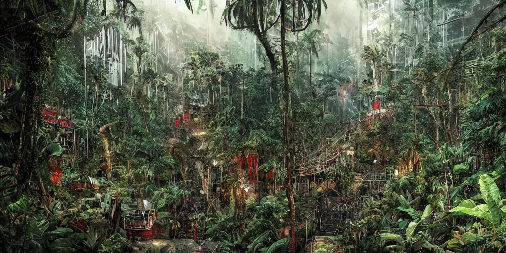 Prompt: a jungle path made of skulls covering a red line subway station in Hollywood/Vine, a dystopian city taken back by nature, lush, dense jungle, award winning, cinematic light, by Oliver beck and Marc simonetti