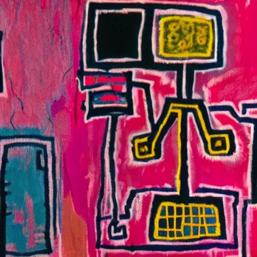 Prompt: wrinkled glowing radioactive electron microscope zoomed in to pastel fabric, jean - michel basquiat