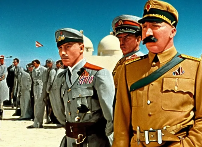 Image similar to a film still of josef stalin vs adolf hitler in lawrence of arabia ( 1 9 6 2 ), technicolor