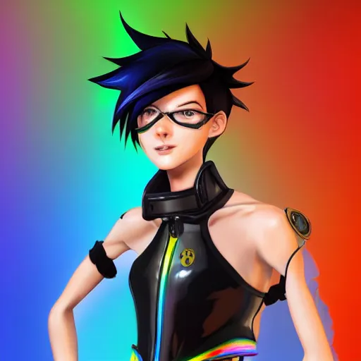 Image similar to full body digital artwork of tracer overwatch, wearing black iridescent rainbow latex tank top, 4 k, expressive happy smug expression, makeup, in style of mark arian, wearing detailed black leather collar, chains, black leather harness, leather cuffs around wrists, detailed face and eyes,